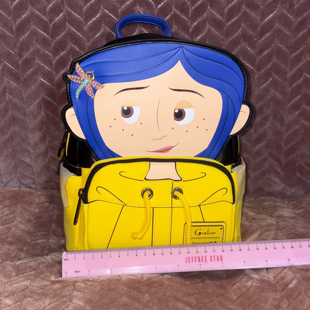 Loungefly Coraline Blue Hair Yellow Raincoat Kids Backpack NWT